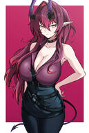 artist:fangs character:ascalon_(arknights) demon_horns horns in-series_category:rhodes_island in-series_category:s.w.e.e.p. in-series_category:sarkaz orange_eyes pointed_ears red_hair series:arknights // 1006x1500 // 768KB