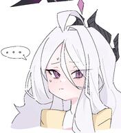 alternate_outfit artist:o-ame character:hina_(blue_archive) demon_horns flushed_face halo horns in-series_category:gehenna_academy in-series_category:prefect_team long_hair mechanical_halo meta:cropped pajamas purple_eyes series:blue_archive white_hair // 1419x1551 // 183KB