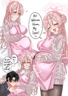 alternate_outfit artist:rynn blue_eyes character:mimori_(blue_archive) character:sensei_(blue_archive) english_text flushed_face hair_braid hair_bun halo in-series_category:allied_hyakkiyako_academy in-series_category:inner_discipline_club long_hair pink_hair pregnant series:blue_archive sweater // 2480x3508 // 4.4MB