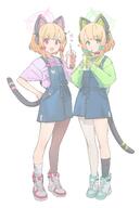 alternate_outfit animal_ears artist:drive_shot blonde_hair casual_clothes cat_ears cat_girl cat_tail character:midori_(blue_archive) character:momoi_(blue_archive) green_eyes halo in-series_category:game_development_department in-series_category:millenium_science_school overalls pink_eyes series:blue_archive short_hair tail // 2753x4096 // 580KB
