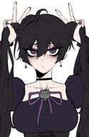 @_@ artist:jdotkdot black_hair character:hatsune_miku character:hex_maniac_(pokemon) double_v eye_bags purple_eyes series:pokemon series:vocaloid v // 843x1293 // 116KB