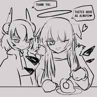 artist:thiccborb bird_girl body_wings character:fiammetta_(arknights) character:mostima_(arknights) demon_horns egg english_text flushed_face halo horns in-series_category:fallen_sankta in-series_category:laterano in-series_category:liberi in-series_category:sankta long_hair monochrome series:arknights short_hair // 1200x1200 // 551KB