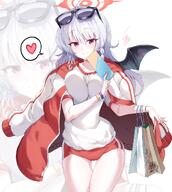 artist:egg_tart body_wings character:haruna_(blue_archive) character:haruna_(track)_(blue_archive) demon_wings hair_braid halo in-series_category:gehenna_academy in-series_category:gourmet_research_society long_hair red_eyes series:blue_archive sports_wear sunglasses white_hair // 1075x1200 // 175KB