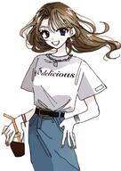 artist:yasu_urayaka blue_eyes brown_hair casual_clothes english_text lipstick long_hair pants series:original // 2480x3508 // 565KB