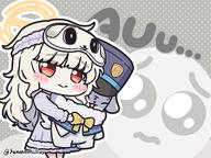 alternate_outfit artist:sanmon blindfold blonde_hair character:aoba_(blue_archive) chibi english_text halo in-series_category:freight_logistics_department in-series_category:highlander_railroad_academy long_hair messy_hair pajamas red_eyes series:blue_archive // 1280x960 // 664KB