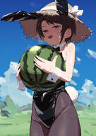 alternate_outfit artist:uzuradobin black_hair blue_eyes bunny_suit character:oozora_subaru high-cut_leotard in-series_category:generation_2 in-series_category:hololive_japan leotard rabbit_ears rabbit_tail series:hololive short_hair sun_hat sweaty // 1414x2000 // 409KB