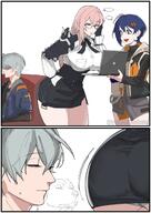 artist:yuushiba blue_hair character:belle_(zenless_zone_zero) character:tsukushiro_yanagi_(zenless_zone_zero) character:wise_(zenless_zone_zero) comic glasses green_eyes hair_accessories in-series_category:hollow_special_operations_section_6 long_hair office_lady pink_eyes pink_hair series:zenless_zone_zero short_hair // 1448x2048 // 276KB