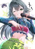 artist:tigger102372 character:tsukimura_temari_(gakuen_idolmaster) green_eyes green_hair hair_accessories idol_outfit japanese_text long_hair midriff pants series:gakuen_idolmaster series:idolmaster // 2828x4000 // 943KB