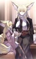 alternate_outfit animal_ears artist:samip blonde_hair character:suzuran_(arknights) character:vulpisfoglia_(arknights) eye_liner fox_ears fox_girl fox_tail in-series_category:higashi in-series_category:siracusa in-series_category:vulpo kimono long_hair orange_eyes series:arknights tail // 2536x4096 // 716KB