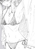 artist:kowa character:ui_(blue_archive) character:ui_(swimsuit)_(blue_archive) glasses halo in-series_category:library_committee in-series_category:trinity_general_school long_hair meta:cropped meta:source_request monochrome ponytail series:blue_archive sweater swimsuit // 2894x4093 // 1.2MB