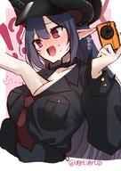 @_@ artist:ventvert0 black_hair character:chiaki_(blue_archive) demon_horns flushed_face grabbing_another's_breast halo horns in-series_category:gehenna_academy in-series_category:pandemonium_society japanese_text long_hair red_eyes series:blue_archive sweaty // 1032x1457 // 177KB