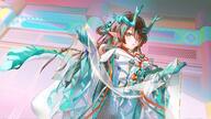 artist:nikov black_hair character:dusk_(arknights) character:dusk_(hazy_jade)_(arknights) dragon_girl dragon_horns dragon_tail dress hair_accessories hair_braid hair_covering_eye horns in-series_category:feranmut in-series_category:sui_siblings in-series_category:yan long_hair orange_eyes pointed_ears series:arknights tail // 3840x2160 // 1010KB