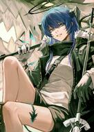 artist:deatiose blue_eyes blue_hair body_wings character:mostima_(arknights) demon_horns halo horns in-series_category:fallen_sankta in-series_category:laterano in-series_category:sankta long_hair series:arknights short_shorts tail // 2894x4093 // 1.4MB
