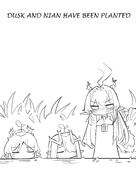 artist:ahti character:dusk_(arknights) character:nian_(arknights) character:shu_(arknights) chibi dragon_girl dragon_horns dragon_tail ears_blushing english_text flushed_face hair_covering_eye horns in-series_category:feranmut in-series_category:sui_siblings in-series_category:yan monochrome pointed_ears series:arknights tail // 2480x3508 // 1.1MB