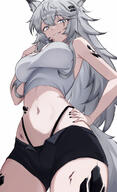 alternate_outfit animal_ears artist:fangs character:lappland_(arknights) eye_scar grey_eyes in-series_category:lupo in-series_category:siracusa long_hair messy_hair series:arknights short_shorts tail white_hair wolf_ears wolf_girl wolf_tail // 2458x4023 // 2.7MB