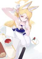 animal_ears armpit artist:doksyuri blonde_hair character:seia_(blue_archive) chest_gap fox_ears fox_girl halo in-series_category:tea_party in-series_category:trinity_general_school leotard long_hair series:blue_archive yellow_eyes // 857x1200 // 103KB