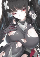 artist:egg_tart black_hair bodysuit character:rio_(battle)_(blue_archive) character:rio_(blue_archive) halo in-series_category:millenium_science_school in-series_category:seminar long_hair mechanical_halo ponytail red_eyes series:blue_archive torn_clothing // 2500x3500 // 3.6MB