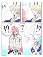 ahoge animal_ears artist:nagomu blonde_hair blue_eyes character:doodle_sensei_(blue_archive) character:hanako_(blue_archive) character:hanako_(swimsuit)_(blue_archive) character:kanna_(blue_archive) character:kanna_(swimsuit)_(blue_archive) character:sensei_(blue_archive) comic dog_ears dog_girl hair_covering_eye halo in-series_category:make-up_work_club in-series_category:public_peace_bureau in-series_category:trinity_general_school in-series_category:valkyrie_police_school long_hair monochrome pink_hair ponytail series:blue_archive sharp_teeth shirt_only swimsuit wet_shirt // 1536x2048 // 1.4MB