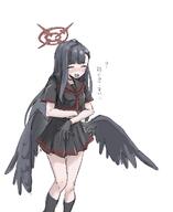 artist:KADENAmitei black_hair body_wings character:ichika_(blue_archive) closed_eyes feathered_wings flushed_face halo in-series_category:justice_task_force in-series_category:trinity_general_school japanese_text long_hair midriff series:blue_archive // 839x1024 // 97KB