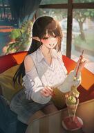 artist:onmo37 black_eyes black_hair ear_piercings elf eye_liner flushed_face lipstick long_hair pointed_ears series:original sweater // 851x1199 // 158KB