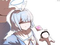 artist:kai_xin blue_hair character:arona_(blue_archive) character:doodle_sensei_(blue_archive) character:sensei_(blue_archive) hair_bow hair_covering_eye halo in-series_category:schale in-series_category:shittim_chest meme series:blue_archive shadow_over_eyes short_hair // 2048x1534 // 208KB