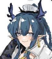 artist:kanuluillust blue_eyes blue_hair character:ling_(arknights) dragon_horns eye_liner hair_braid horns in-series_category:feranmut in-series_category:sui_siblings in-series_category:yan meta:cropped pointed_ears series:arknights // 524x593 // 63KB