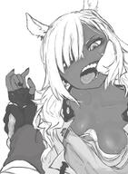 animal_ears artist:nachia_ut bovine_horns brown_skin character:tuye_(arknights) chest_gap eye_bags fingers_in_mouth hair_covering_eye horns in-series_category:forte in-series_category:sargon long_hair monochrome pov series:arknights // 587x800 // 111KB