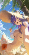 alternate_outfit artist:Rega beauty_mark blue_eyes character:cantarella_(wuthering_waves) eye_liner long_hair pov purple_hair series:wuthering_waves sun_hat sunglasses swimsuit thigh_squish // 3998x7567 // 12MB
