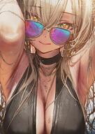 armpit artist:betanon brown_eyes brown_hair character:nagisa_(blue_archive) character:nagisa_(swimsuit)_(blue_archive) halo in-series_category:tea_party in-series_category:trinity_general_school long_hair ponytail pov series:blue_archive sunglasses sweaty swimsuit // 1413x2000 // 470KB