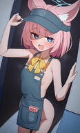 alternate_outfit animal_ears artist:ushimittsu18 blue_eyes character:niko_(blue_archive) condom english_text flushed_face fox_ears fox_girl halo in-series_category:fox_squad in-series_category:SRT_special_academy naked_apron pink_hair pov series:blue_archive short_hair steaming_body // 750x1240 // 621KB