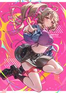 alternate_outfit animal_ears artist:yampa brown_hair casual_clothes character:ardelia english_text flushed_face goat_ears goat_horns hair_accessories horns in-series_category:caprinae long_hair midriff pink_eyes series:arknights:_endfield side_ponytail // 1416x2000 // 2.4MB