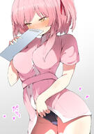 alternate_outfit artist:roku_a_san character:serina_(blue_archive) flushed_face halo in-series_category:remedial_knights in-series_category:trinity_general_school japanese_text nurse peek pink_hair series:blue_archive short_hair side_ponytail skirt_lift swimsuit yellow_eyes // 847x1204 // 563KB