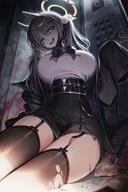 alternate_outfit artist:mackerel_ness brown_hair character:moe_(blue_archive) eye_liner face_mask halo in-series_category:rabbit_squad in-series_category:SRT_special_academy landmine_girl series:blue_archive thigh_squish torn_clothing torn_stockings twin_tails // 1000x1500 // 208KB
