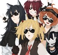 animal_ears artist:kanuluillust black_hair blonde_hair blue_eyes body_wings bovine_horns character:croissant_(arknights) character:exusiai_(arknights) character:sora_(arknights) character:texas_(arknights) double_v halo horns in-series_category:cautus in-series_category:forte in-series_category:laterano in-series_category:lungmen in-series_category:lupo in-series_category:sankta in-series_category:siracusa orange_hair penguin_logistics_(arknights) rabbit_ears rabbit_girl red_hair series:arknights sunglasses v wolf_ears wolf_girl // 1000x938 // 158KB