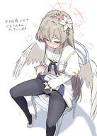 artist:gosyamadaiji body_wings brown_eyes brown_hair character:nagisa_(blue_archive) ears_blushing feathered_wings flushed_face hair_accessories hair_braid halo in-series_category:tea_party in-series_category:trinity_general_school japanese_text long_hair masturbation series:blue_archive skirt_lift steaming_body sweaty // 2000x2800 // 2.0MB