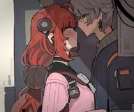 artist:AZZ character:ukinami_yuzuha_(zenless_zone_zero) character:wise_(zenless_zone_zero) flushed_face green_eyes hair_accessories in-series_category:spook_shack long_hair red_hair series:zenless_zone_zero sweater twin_tails // 1239x1037 // 1.0MB