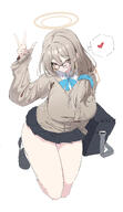artist:funeya brown_eyes brown_hair character:akane_(blue_archive) character:akane_(uniform)_(blue_archive) flushed_face glasses halo in-series_category:cleaning_&_clearing in-series_category:millenium_science_school long_hair series:blue_archive sweater sweaty v // 2150x3706 // 1.5MB