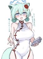alternate_outfit animal_ears artist:bone_hiko blue_eyes character:sensei_(blue_archive) character:shigure_(blue_archive) flushed_face green_hair hair_accessories hair_bun halo in-series_category:red_winter_federal_academy in-series_category:spec_ops_no._227 japanese_text qipao series:blue_archive short_hair stoat_ears stoat_girl stoat_tail tail // 638x876 // 80KB