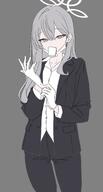 alternate_outfit artist:ryouta business_suit character:konoka_(blue_archive) face_mask grey_hair halo in-series_category:public_peace_bureau in-series_category:valkyrie_police_school long_hair meta:work-in-progress pants series:blue_archive // 1094x2048 // 121KB