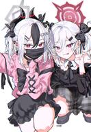 alternate_outfit artist:7h4ze beauty_mark black_hair character:kayoko_(blue_archive) character:mutsuki_(blue_archive) demon_horns ear_piercings face_mask hair_accessories hair_bow halo horns in-series_category:gehenna_academy in-series_category:problem_solver_68 landmine_girl pointed_ears purple_eyes red_eyes series:blue_archive short_hair side_ponytail twin_tails two-tone_hair v white_hair // 1390x2010 // 521KB
