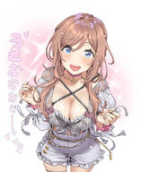 artist:hame_dragon blue_eyes brown_hair character:himesaki_rinami_(gakuen_idolmaster) flushed_face idol_outfit japanese_text long_hair pov series:gakuen_idolmaster series:idolmaster // 743x906 // 145KB