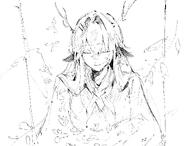animal_ears antlers artist:ayatsuji_saurus character:alina_(arknights) closed_eyes in-series_category:elafia in-series_category:ursus_(nation-state) long_hair monochrome sweater // 2000x1525 // 382KB