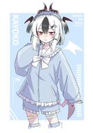 alternate_outfit artist:nyanzai beauty_mark black_hair body_wings character:kayoko_(blue_archive) demon_horns demon_wings flushed_face hair_accessories halo horns in-series_category:gehenna_academy in-series_category:problem_solver_68 landmine_girl red_eyes series:blue_archive short_hair twin_tails two-tone_hair white_hair // 1451x2048 // 220KB