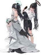 alternate_outfit artist:LEviathan0902 black_hair character:aris_(blue_archive) character:rio_(blue_archive) hair_bow hair_down_the_middle halo in-series_category:game_development_department in-series_category:millenium_science_school in-series_category:seminar long_hair mechanical_halo ponytail red_eyes series:blue_archive wedding_dress // 2500x3377 // 634KB