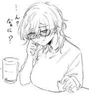 artist:hoffun_2 character:chihiro_(blue_archive) flushed_face glasses halo in-series_category:millenium_science_school in-series_category:veritas japanese_text mechanical_halo messy_hair monochrome pov series:blue_archive short_hair sweaty // 845x902 // 243KB