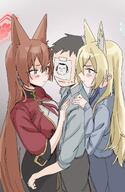 animal_ears artist:KADENAmitei blonde_hair blue_eyes brown_hair character:kanna_(blue_archive) character:rumi_(blue_archive) character:sensei_(blue_archive) dog_ears dog_girl ffm flushed_face fox_ears fox_girl hair_covering_eye halo in-series_category:black_tortoise_promenade in-series_category:public_peace_bureau in-series_category:shanhaijing_secondary_school in-series_category:valkyrie_police_school long_hair purple_eyes series:blue_archive sharp_teeth // 1829x2815 // 2.6MB