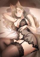 animal_ears artist:mameppu beauty_mark brown_eyes brown_hair character:penance_(arknights) flushed_face hair_accessories hair_braid in-series_category:lupo in-series_category:siracusa lingerie long_hair series:arknights steaming_body thigh_squish wolf_ears wolf_girl // 848x1216 // 128KB