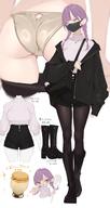 artist:amamitsuki brown_eyes casual_clothes chibi face_mask gyaru_v high-waisted_pants japanese_text lingerie pants purple_hair series:original sweater twin_braids v // 1067x2000 // 1.2MB