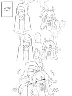 artist:ahti character:doctor_(arknights) character:shu_(arknights) chibi comic dragon_girl dragon_horns dragon_tail english_text flushed_face hair_accessories horns in-series_category:feranmut in-series_category:sui_siblings in-series_category:yan long_hair monochrome pointed_ears series:arknights tail // 2559x3412 // 1.1MB