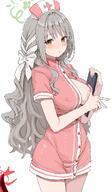 alternate_outfit artist:clearite character:miyo_(blue_archive) halo in-series_category:free_trade_cartel in-series_category:wild_hunt_academy_of_arts large_areolae meta:cropped nipple_slip nurse peek series:blue_archive // 1038x1779 // 230KB